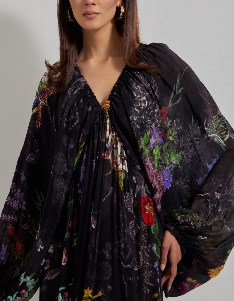 Black Botanical V Neckline Kaftan Dress