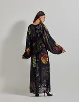 Black Botanical V Neckline Kaftan Dress