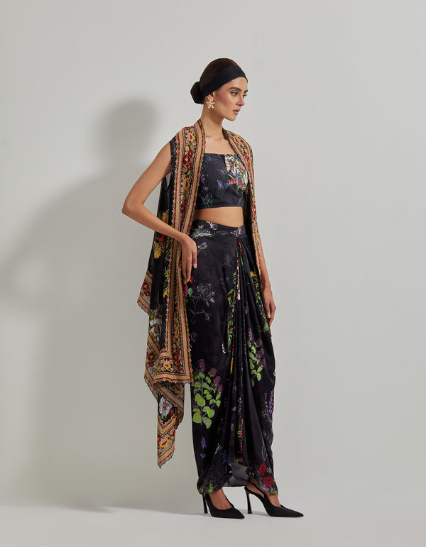 Black Botanical Drape Skirt with Printed Lycra Bustier and Cape with Cross stitch Embroidered Borders