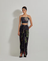 Black Botanical Drape Skirt with Printed Lycra Bustier and Cape with Cross stitch Embroidered Borders