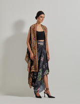 Black Botanical Crikle Crepe Skirt with Lycra Bustier and Embroidered and Printed Cape