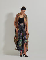 Black Botanical Crikle Crepe Skirt with Lycra Bustier and Embroidered and Printed Cape