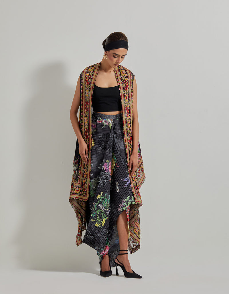 Black Botanical Crikle Crepe Skirt with Lycra Bustier and Embroidered and Printed Cape