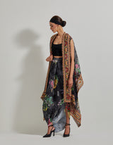 Black Botanical Crikle Crepe Skirt with Lycra Bustier and Embroidered and Printed Cape