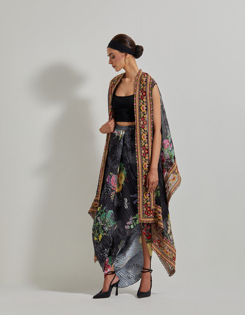 Black Botanical Crikle Crepe Skirt with Lycra Bustier and Embroidered and Printed Cape