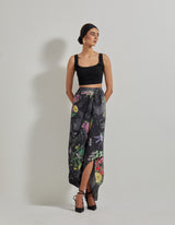 Black Botanical Crikle Crepe Skirt with Lycra Bustier and Embroidered and Printed Cape