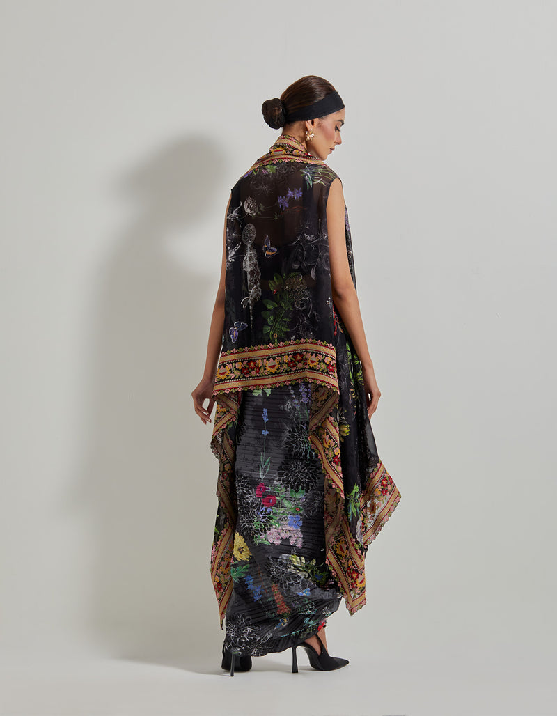 Black Botanical Crikle Crepe Skirt with Lycra Bustier and Embroidered and Printed Cape