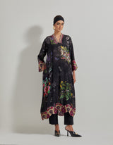 Black Botanical Long Kurta with Embroidered Borders paired with Black Poplin Lycra Pants