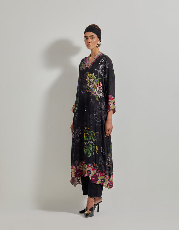 Black Botanical Long Kurta with Embroidered Borders paired with Black Poplin Lycra Pants