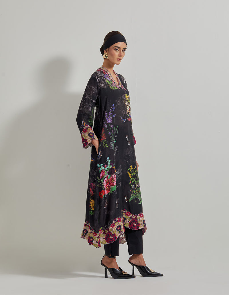 Black Botanical Long Kurta with Embroidered Borders paired with Black Poplin Lycra Pants