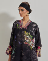 Black Botanical Long Kurta with Embroidered Borders paired with Black Poplin Lycra Pants