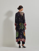 Black Botanical Long Kurta with Embroidered Borders paired with Black Poplin Lycra Pants