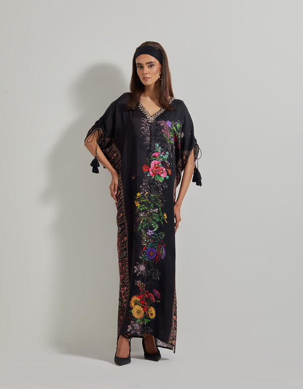 Black with Multicolor Botanical Kaftan Dress