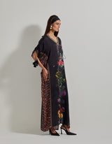 Black with Multicolor Botanical Kaftan Dress