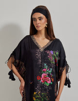 Black with Multicolor Botanical Kaftan Dress