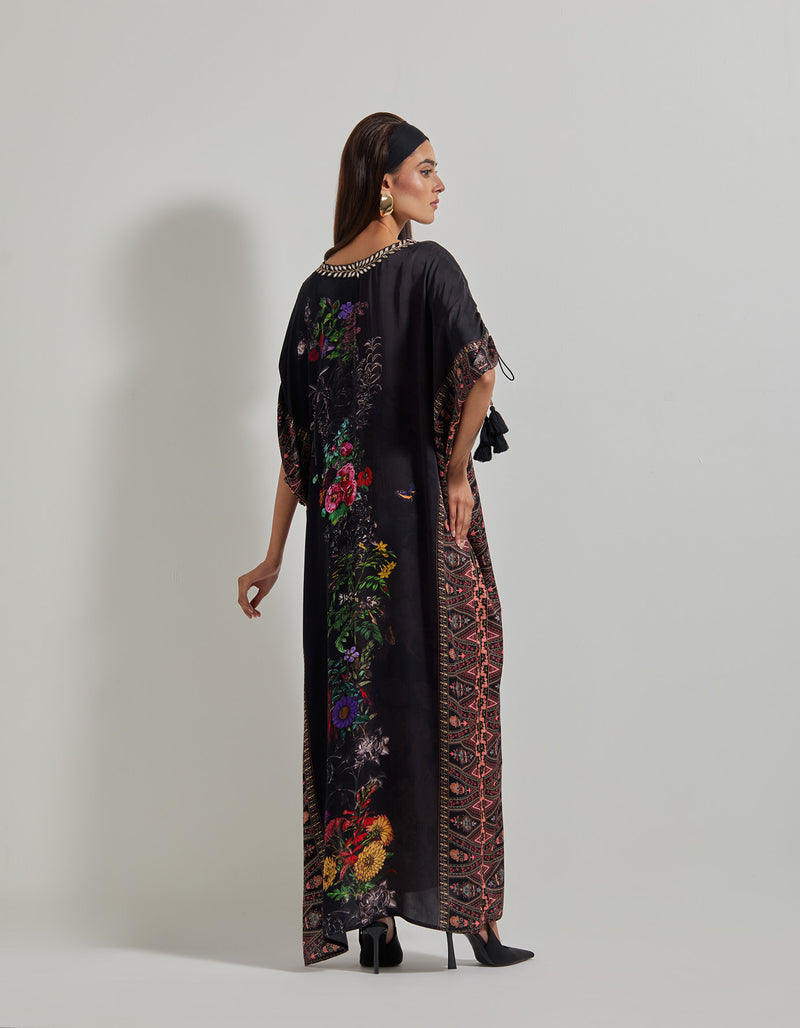 Black with Multicolor Botanical Kaftan Dress