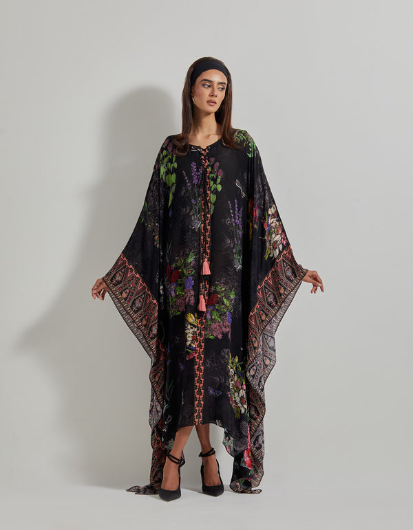 Black Botanical Kaftan Dress