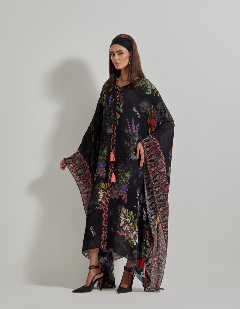 Black Botanical Kaftan Dress