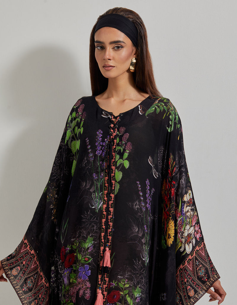 Black Botanical Kaftan Dress