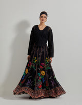 Black Botanical Paneled Skirt with Lattice Work Embroidered High Low Jacket and Inner