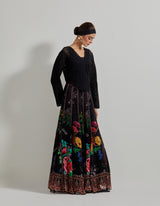 Black Botanical Paneled Skirt with Lattice Work Embroidered High Low Jacket and Inner