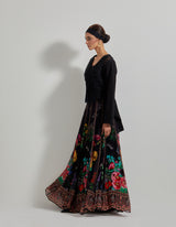 Black Botanical Paneled Skirt with Lattice Work Embroidered High Low Jacket and Inner