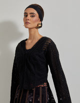 Black Botanical Paneled Skirt with Lattice Work Embroidered High Low Jacket and Inner