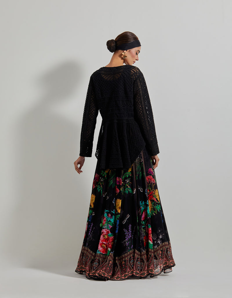 Black Botanical Paneled Skirt with Lattice Work Embroidered High Low Jacket and Inner