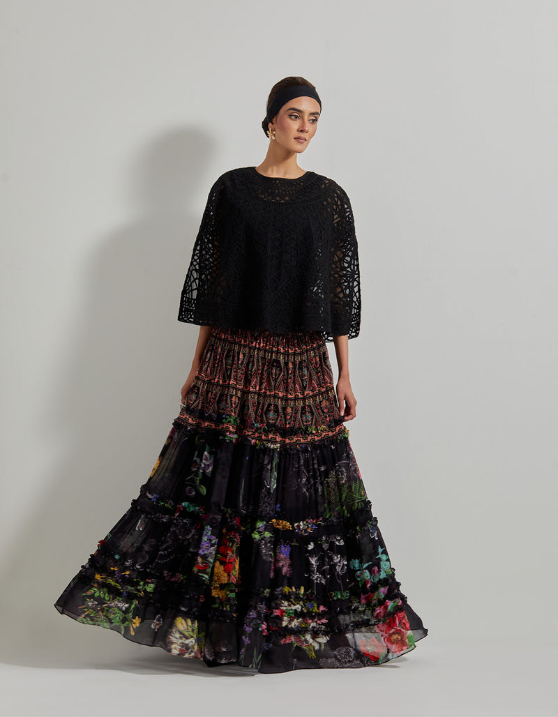 Black Botanical Skirt with Lattice Work Embroidered Cape and inner