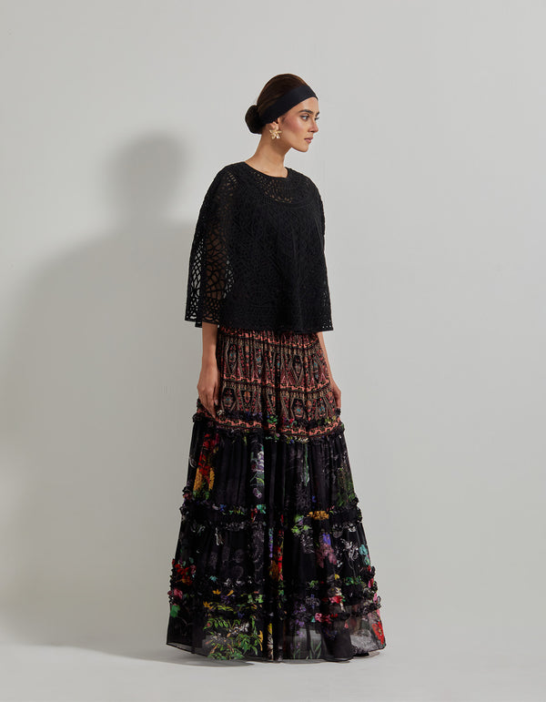 Black Botanical Skirt with Lattice Work Embroidered Cape and inner