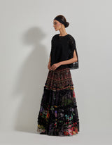 Black Botanical Skirt with Lattice Work Embroidered Cape and inner