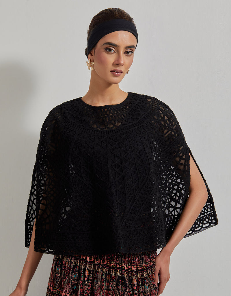 Black Botanical Skirt with Lattice Work Embroidered Cape and inner