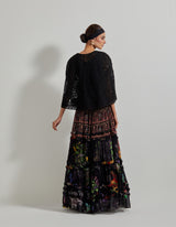 Black Botanical Skirt with Lattice Work Embroidered Cape and inner