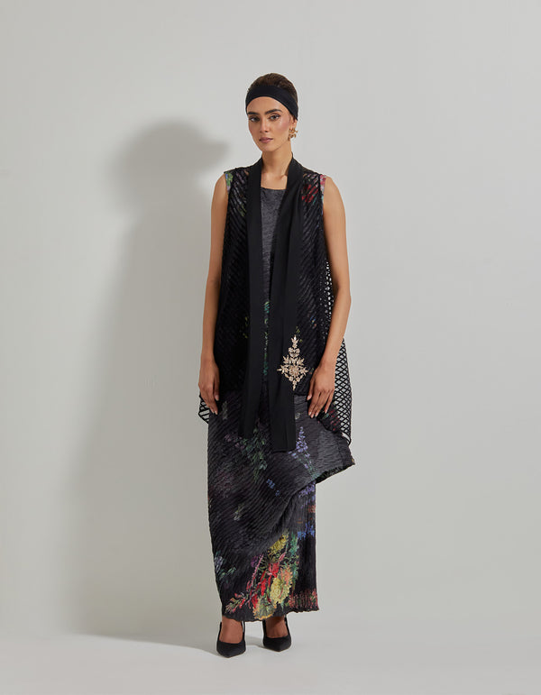 Black Botanical Drape Dress with Embroidered Mess Cape