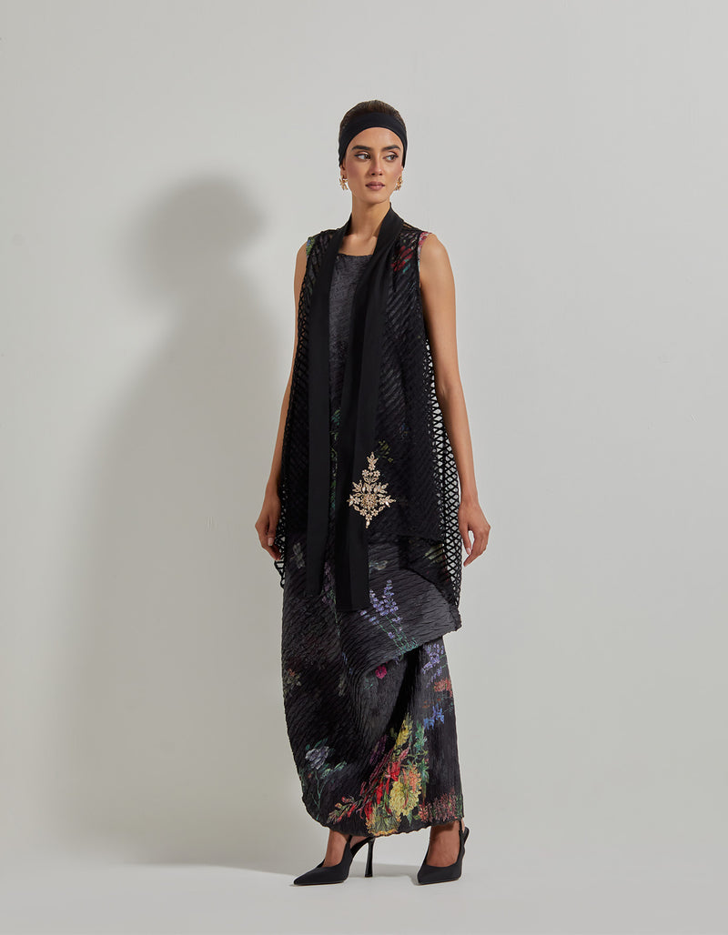 Black Botanical Drape Dress with Embroidered Mess Cape