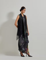 Black Botanical Drape Dress with Embroidered Mess Cape