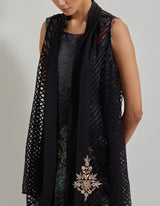 Black Botanical Drape Dress with Embroidered Mess Cape