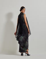 Black Botanical Drape Dress with Embroidered Mess Cape