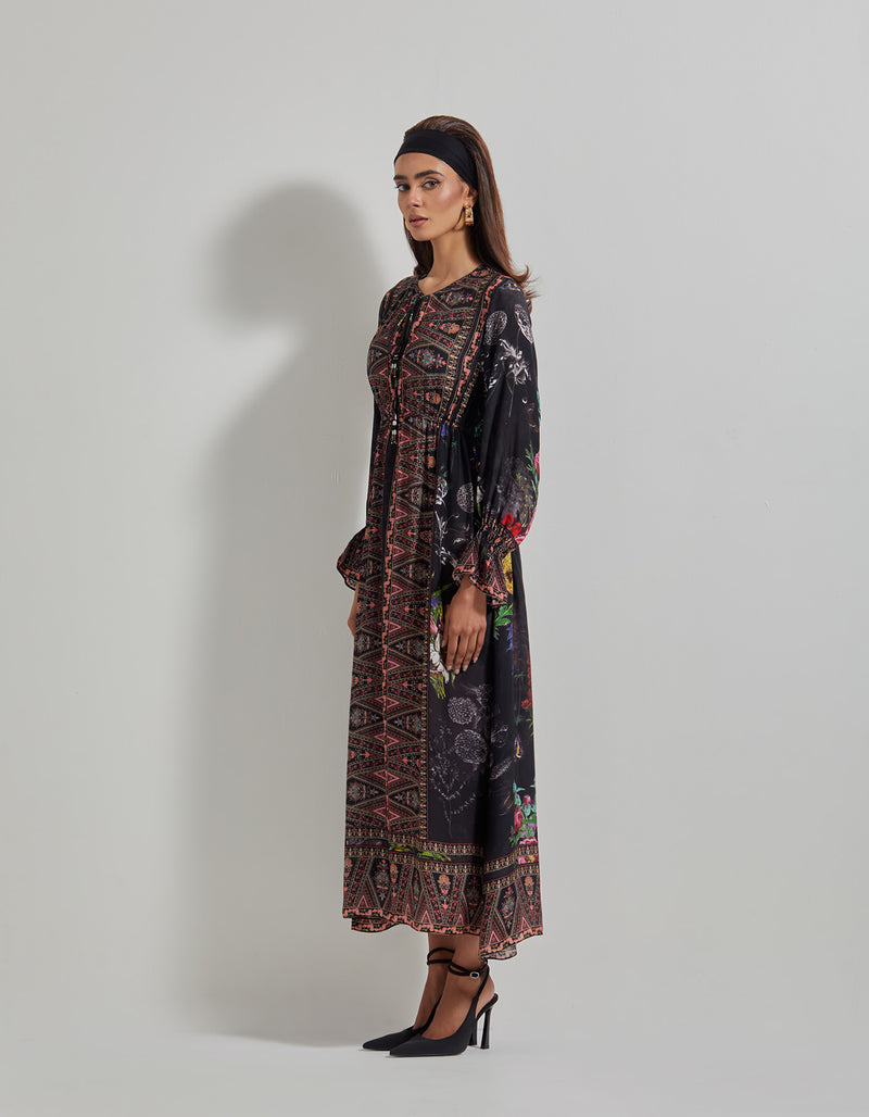 Black with Multicolor Botanical Dress