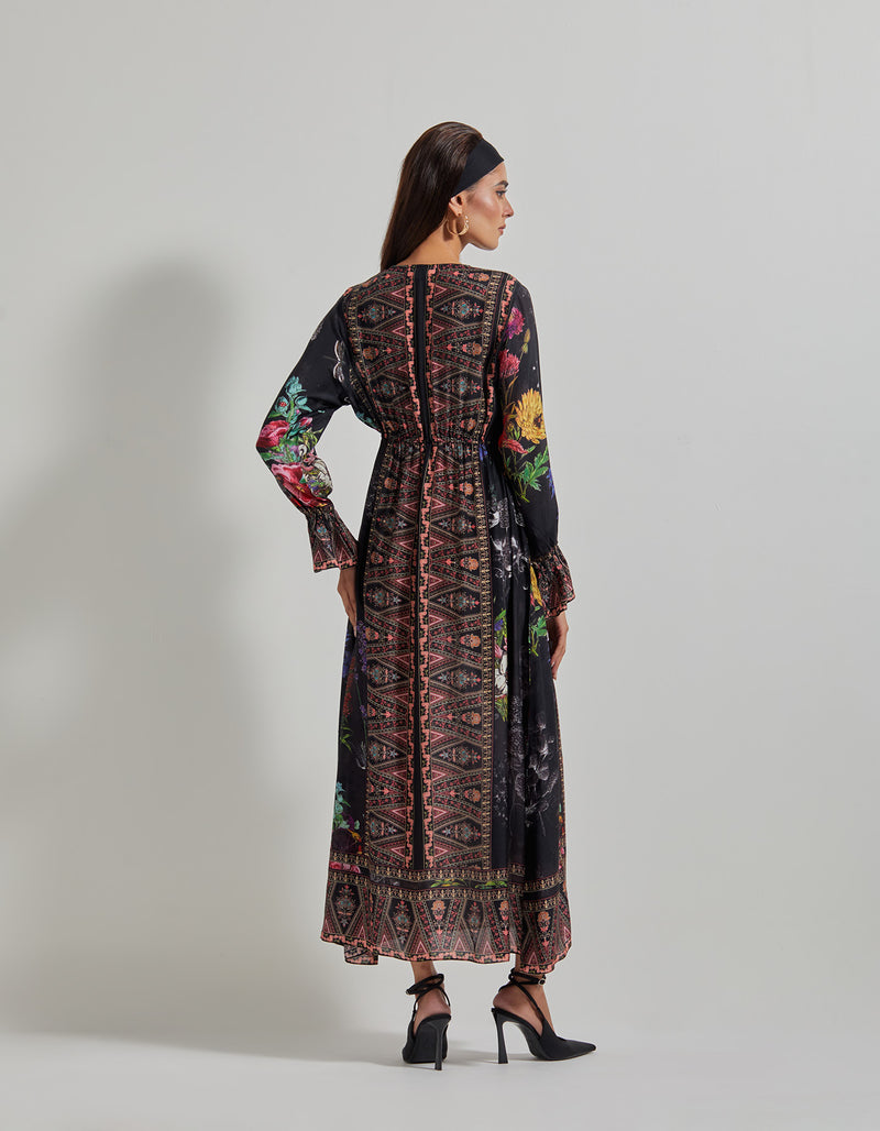 Black with Multicolor Botanical Dress