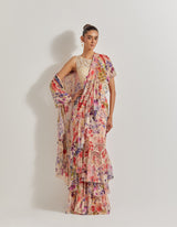 Blooming Burst Georgette Tiered Saree Paired With Hand Embellished Blouse