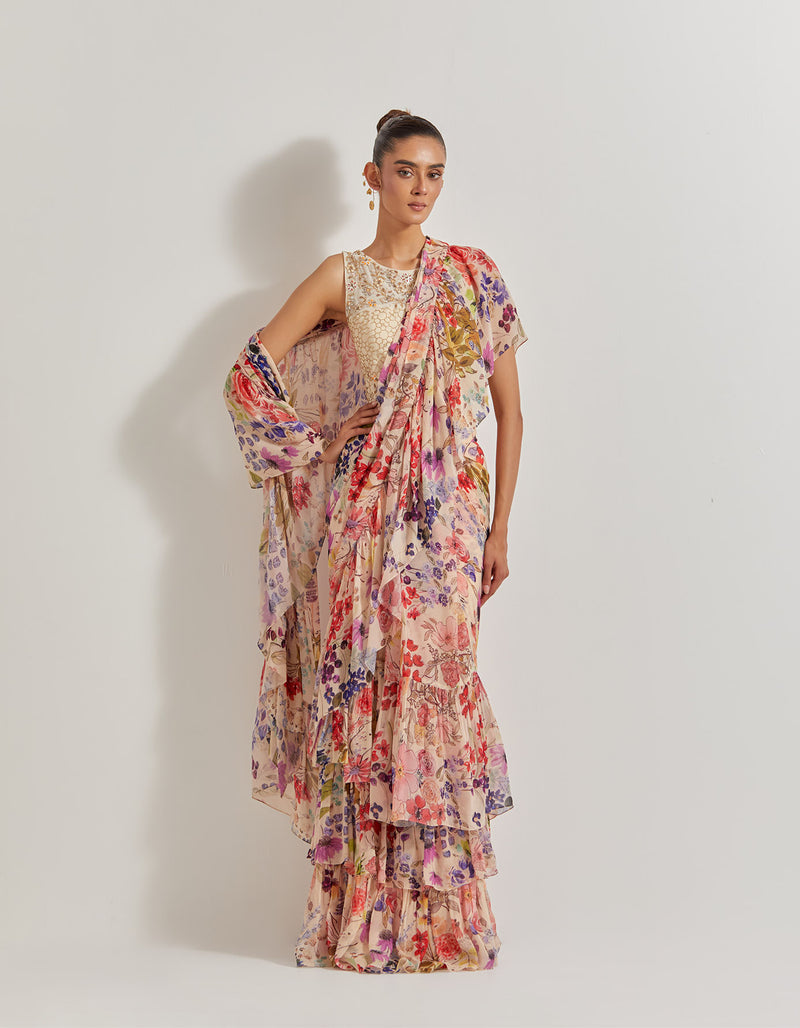 Blooming Burst Georgette Tiered Saree Paired With Hand Embellished Blouse