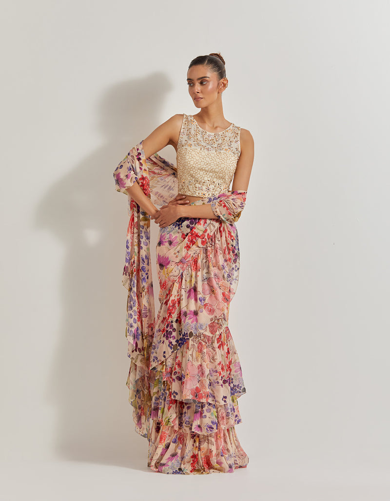 Blooming Burst Georgette Tiered Saree Paired With Hand Embellished Blouse