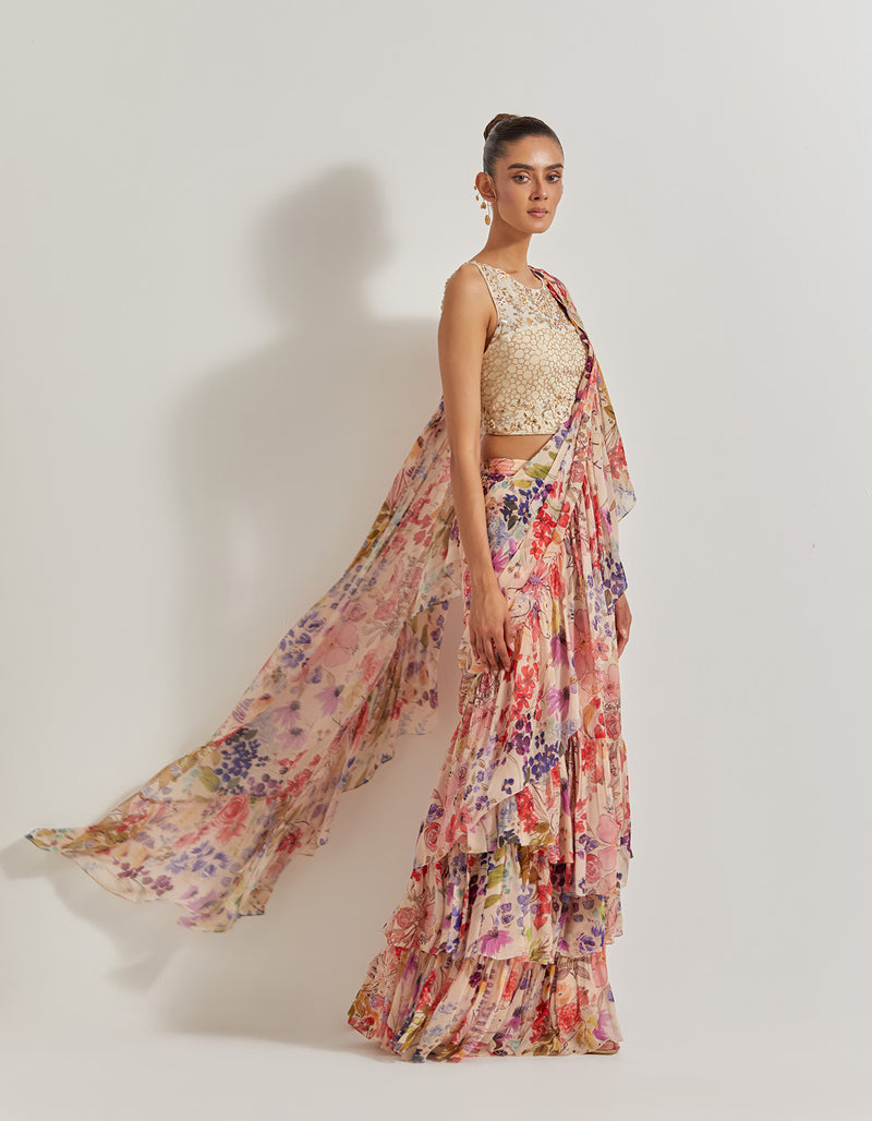 Blooming Burst Georgette Tiered Saree Paired With Hand Embellished Blouse