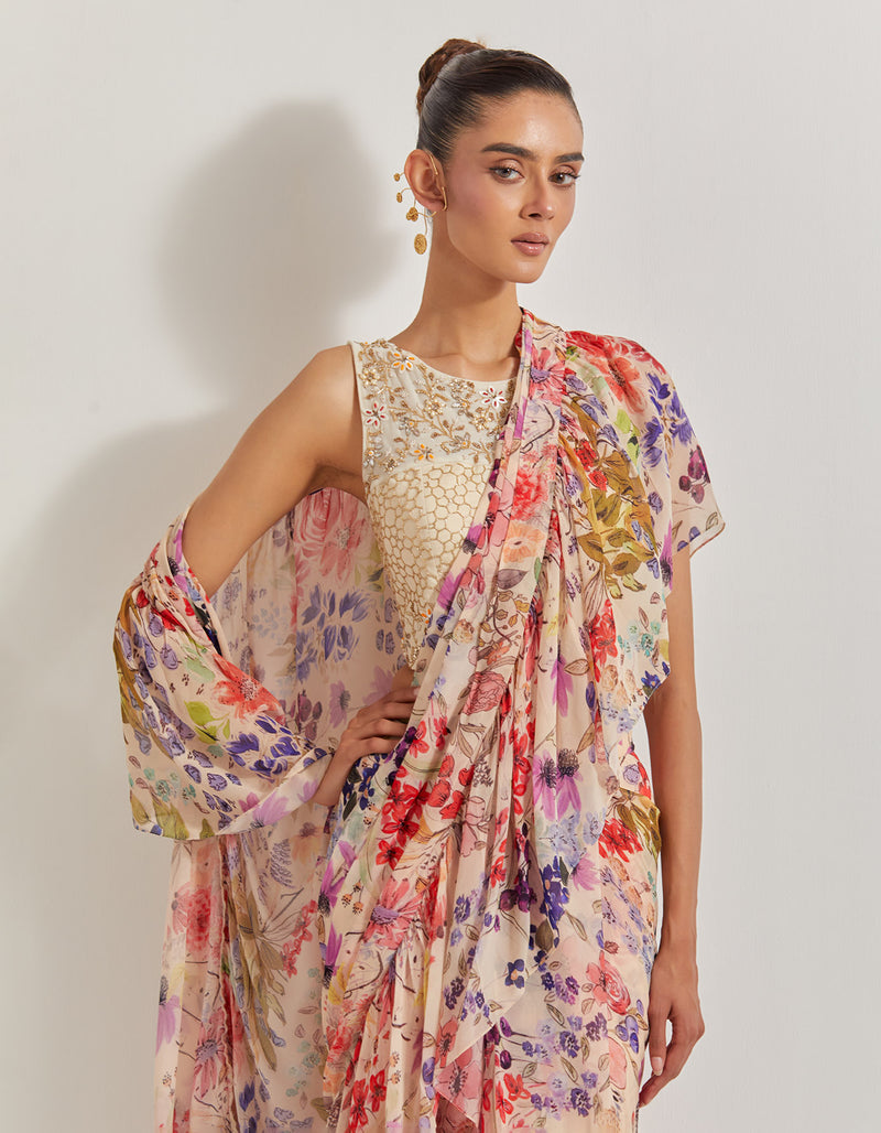Blooming Burst Georgette Tiered Saree Paired With Hand Embellished Blouse