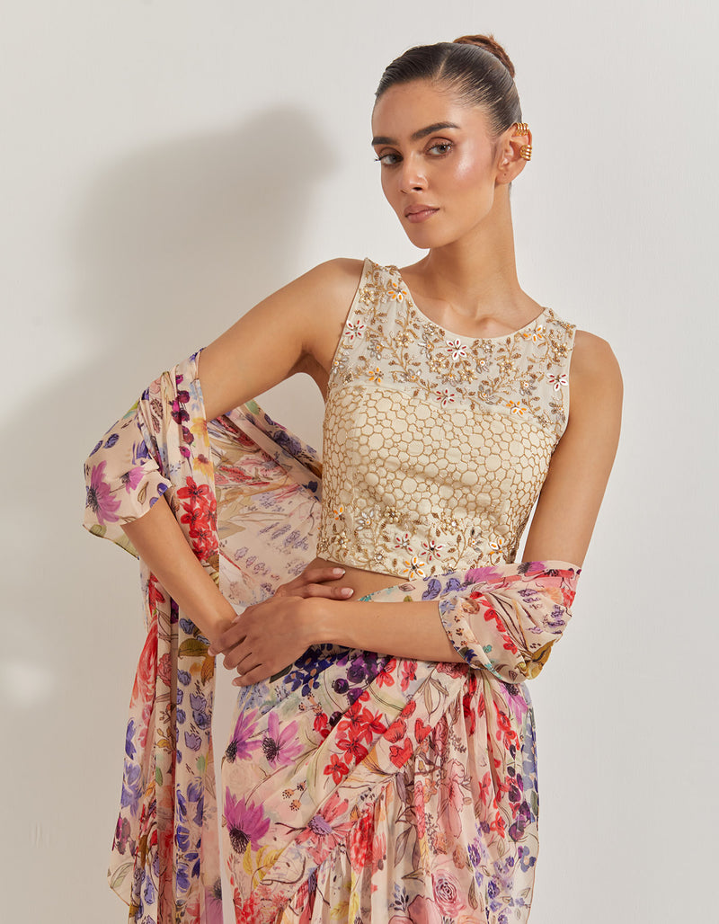 Blooming Burst Georgette Tiered Saree Paired With Hand Embellished Blouse
