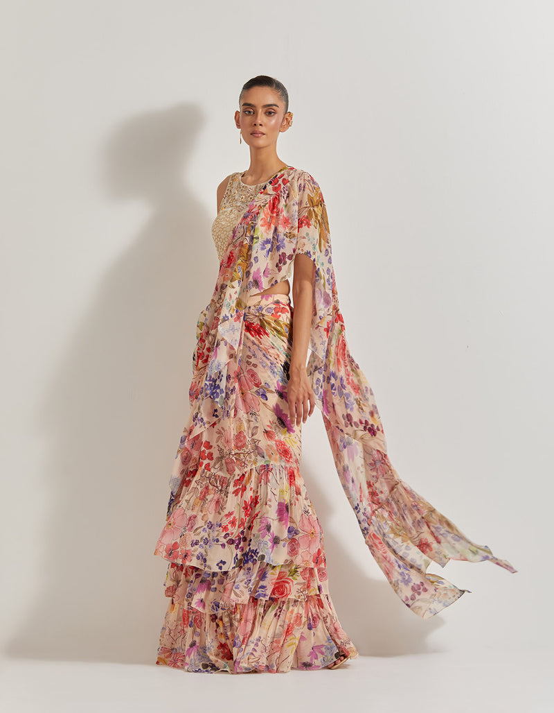 Blooming Burst Georgette Tiered Saree Paired With Hand Embellished Blouse