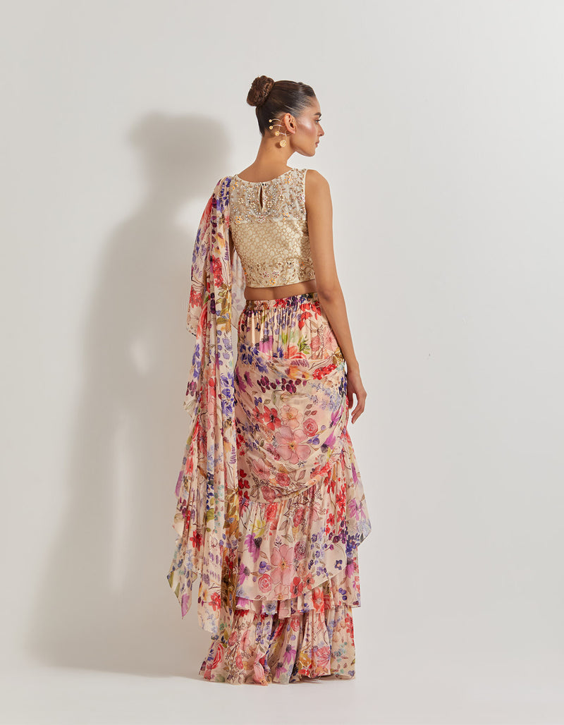 Blooming Burst Georgette Tiered Saree Paired With Hand Embellished Blouse