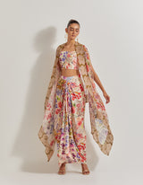 Blooming Burst Satin Cowl Skirt Paired With Stretch Bustier And Georgette Cape With Lace Border