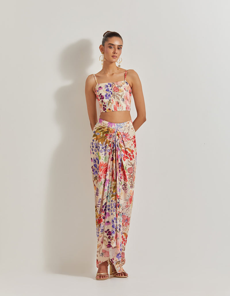 Blooming Burst Satin Cowl Skirt Paired With Stretch Bustier And Georgette Cape With Lace Border